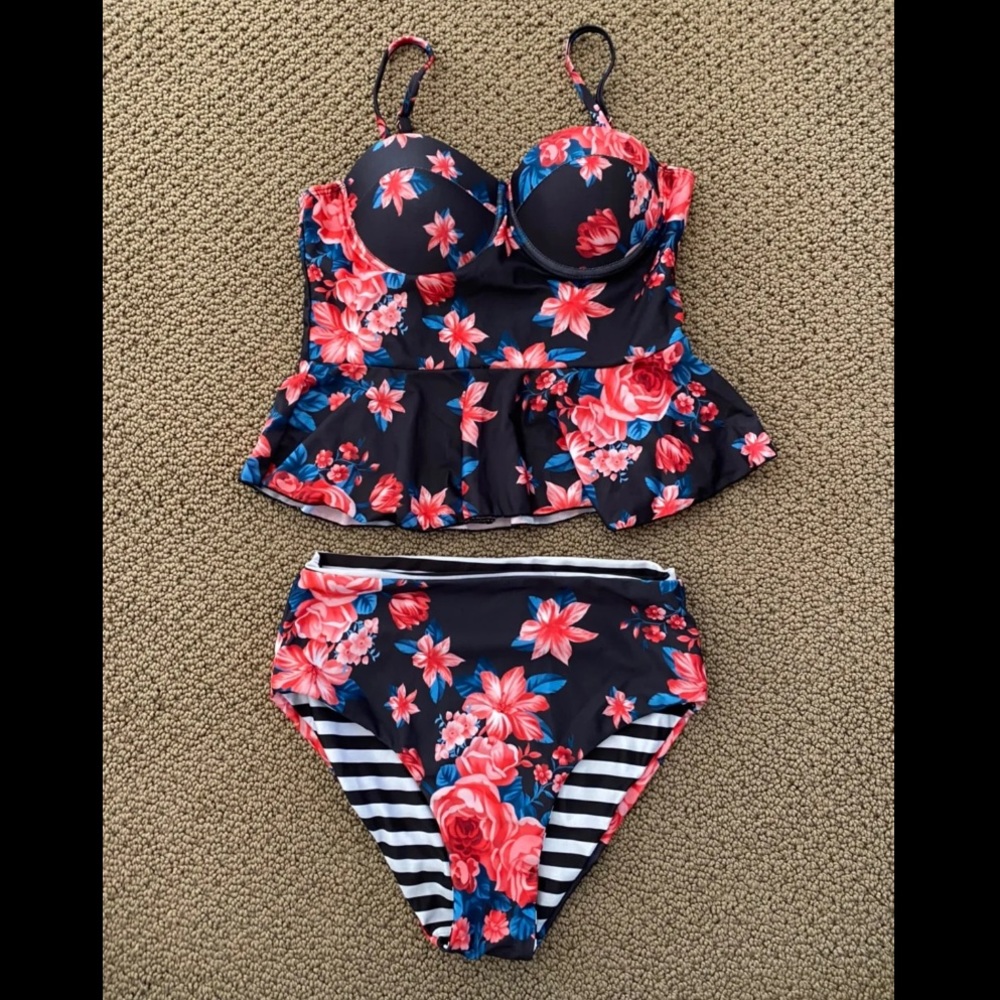 Floral Striped Reversible Tankini Swimsuit